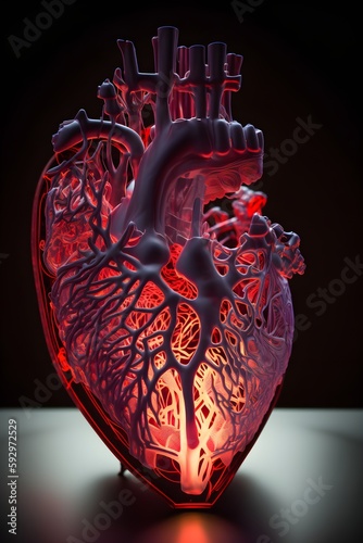 A 3D-printed model of a human heart, showing its chambers and blood vessels. photo