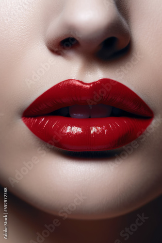 Close up of woman s lips with red lipstick on it. Generative AI.