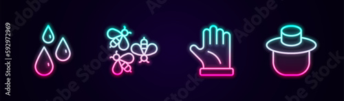 Set line Drops of honey, Bees, Beekeeper glove and with protect hat. Glowing neon icon. Vector