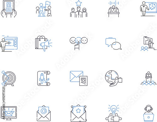 Public and government relations outline icons collection. Public, Government, Relations, & Political, Affairs, Engagement, Advocacy vector and illustration concept set. Publicity, Reputation
