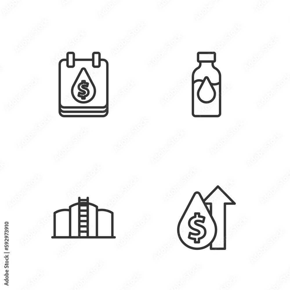 Set line Oil price increase, tank storage, drop with dollar symbol and petrol test tube icon. Vector
