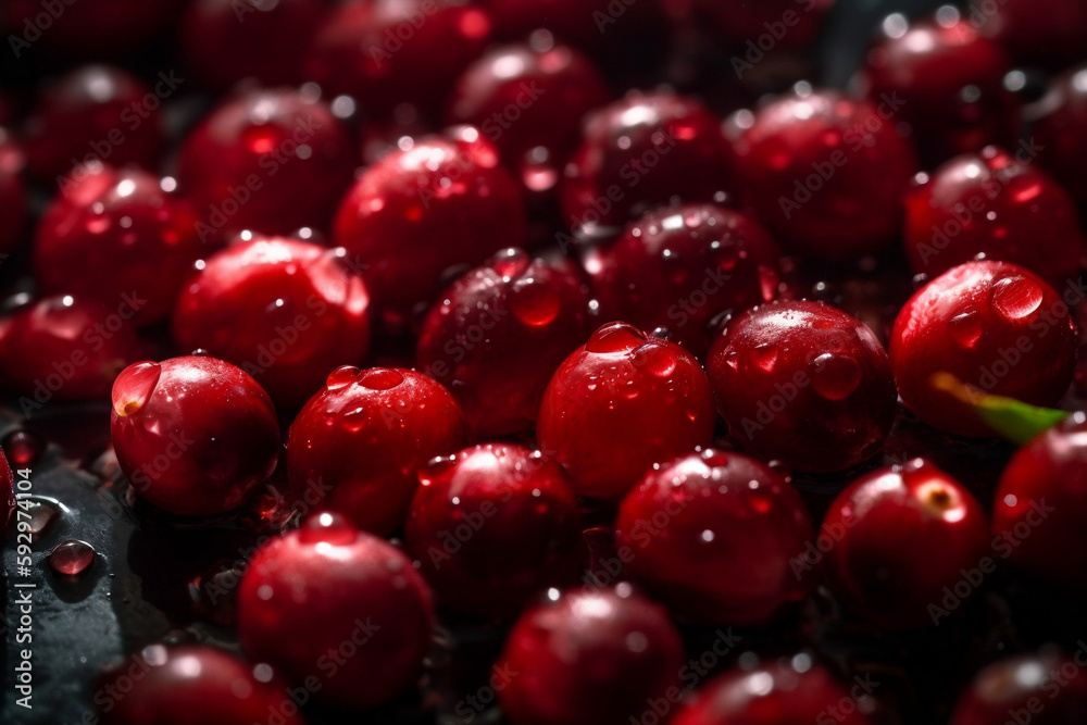 Fresh cranberries with droplets of water, Created with Generative AI Fresh cranberries with droplets of water, Created with Generative AI