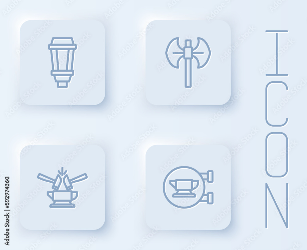 Set line Garden light lamp, Medieval poleaxe, Anvil and hammer and Blacksmith anvil tool. White square button. Vector Set line Garden light lamp, Medieval poleaxe, Anvil and hammer and Blacksmith anvil tool. White square button. Vector