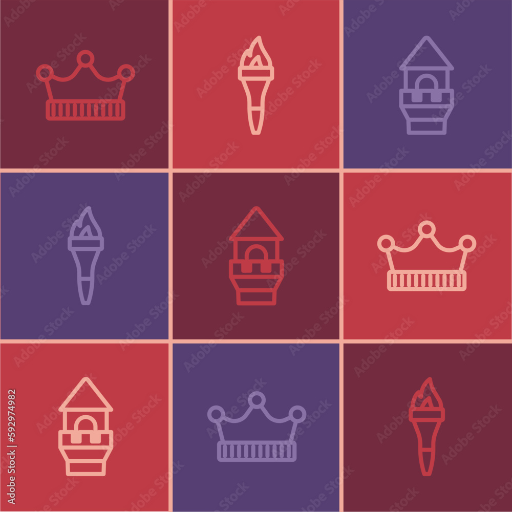 Set line King crown, Castle tower and Torch flame icon. Vector
