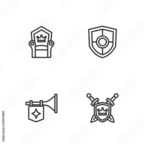 Set line Shield with swords, Trumpet flag, Medieval throne and icon. Vector