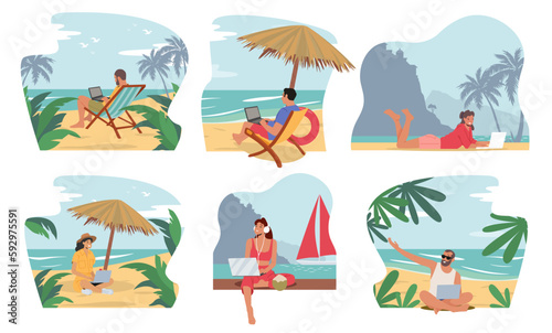 Freelance on the beach set illustration male and female, summer, holiday, laptop, beach, ocean, music