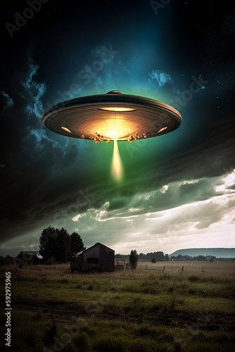 Flying Saucer Invasion. Generative AI. A digital painting of a flying saucer invasion. 