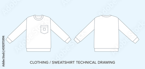 Sweatshirt technical drawing template. Fashion streetwear editable vector, line art. Black and white pullover clothing schematics.