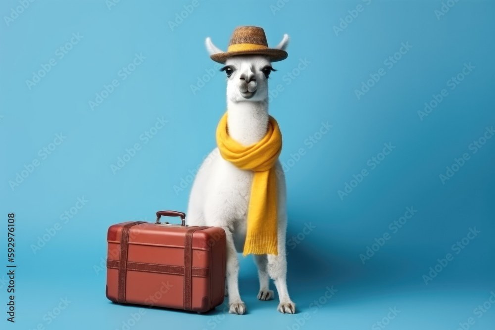 stylish llama tourist with suitcase on a blue background, Generative AI