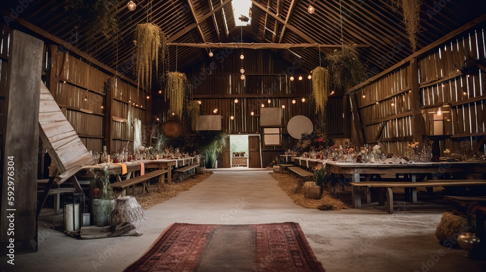 Rustic and bohemian vibe wedding hall interior in a barn, AI generated 