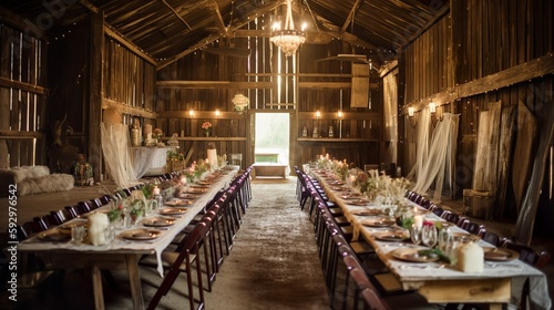 Rustic and bohemian vibe wedding hall interior in a barn, AI generated 