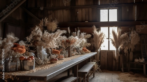 Vintage and rustic wedding decor interior in a barn with hay, AI generated 