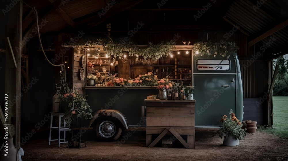 Rustic cozy van with dried flowers and a string of lights, AI generated 