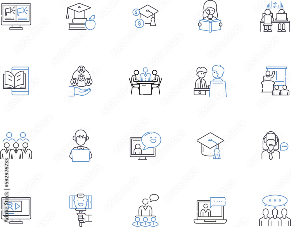 Teaching outline icons collection. Tutor, Instruct, Educate, Guide, Coach, Direct, Lecture vector and illustration concept set. Mentor, School, Teach linear signs Teaching outline icons collection. Tutor, Instruct, Educate, Guide, Coach, Direct, Lecture vector and illustration concept set. Mentor, School, Teach linear signs