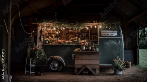 Rustic cozy van with dried flowers and a string of lights  AI generated 