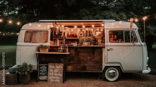 Vintage cozy van with dried flowers and string of lights, AI generated 