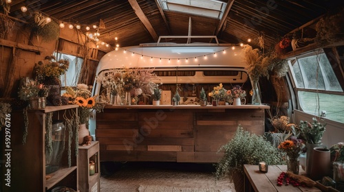 Vintage cozy van with dried flowers, AI generated  © Hdi