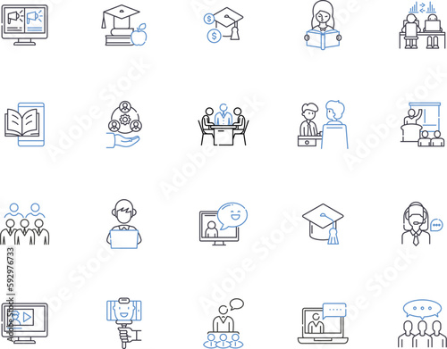 Teaching outline icons collection. Tutor, Instruct, Educate, Guide, Coach, Direct, Lecture vector and illustration concept set. Mentor, School, Teach linear signs
