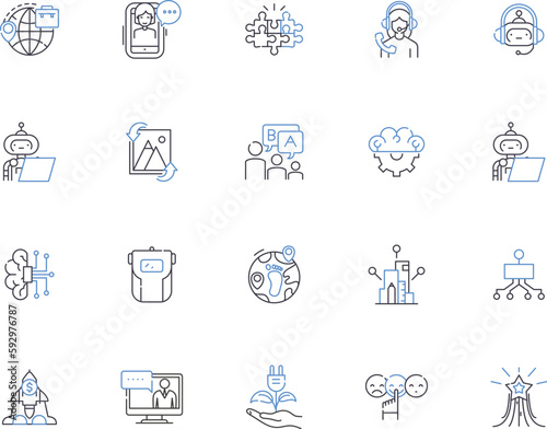 Innovations outline icons collection. Invent, Advance, Improve, Create, Develop, Refine, Craft vector and illustration concept set. Originate, Pioneer, Reengineer linear signs