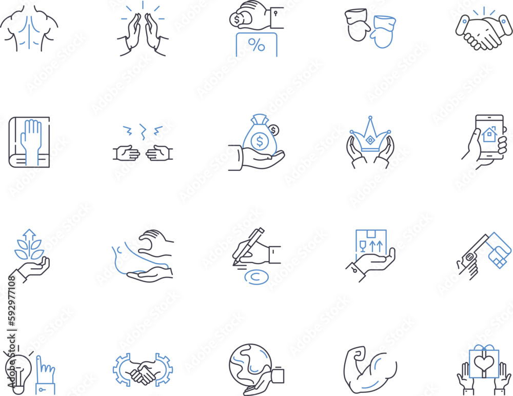 Fototapeta premium Hands outline icons collection. Grip, Grasp, Clench, Wring, Fist, Hold, Palm vector and illustration concept set. Shake, Rub, Grasping linear signs
