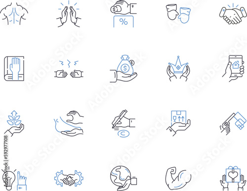 Hands outline icons collection. Grip, Grasp, Clench, Wring, Fist, Hold, Palm vector and illustration concept set. Shake, Rub, Grasping linear signs