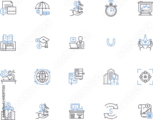 Business and finance outline icons collection. Finance, Business, Investment, Banking, Accounting, Management, Capital vector and illustration concept set. Economics, Stock, Wealth linear signs