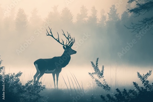 Silhouette of a deer in a foggy forest at dawn © Олег Фадеев
