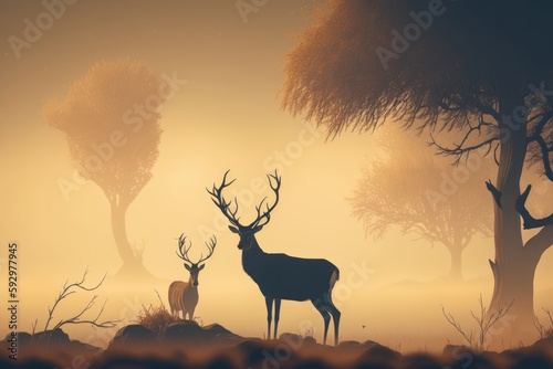 Silhouettes of two deer in a misty forest
