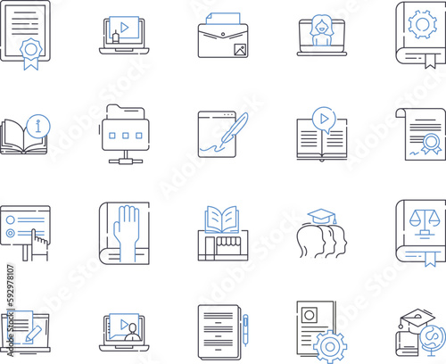 higher education outline icons collection. Universities, Colleges, Degrees, Graduate, Post-Graduate, Masters, Doctorate vector and illustration concept set. Research, Learning, Professors linear signs