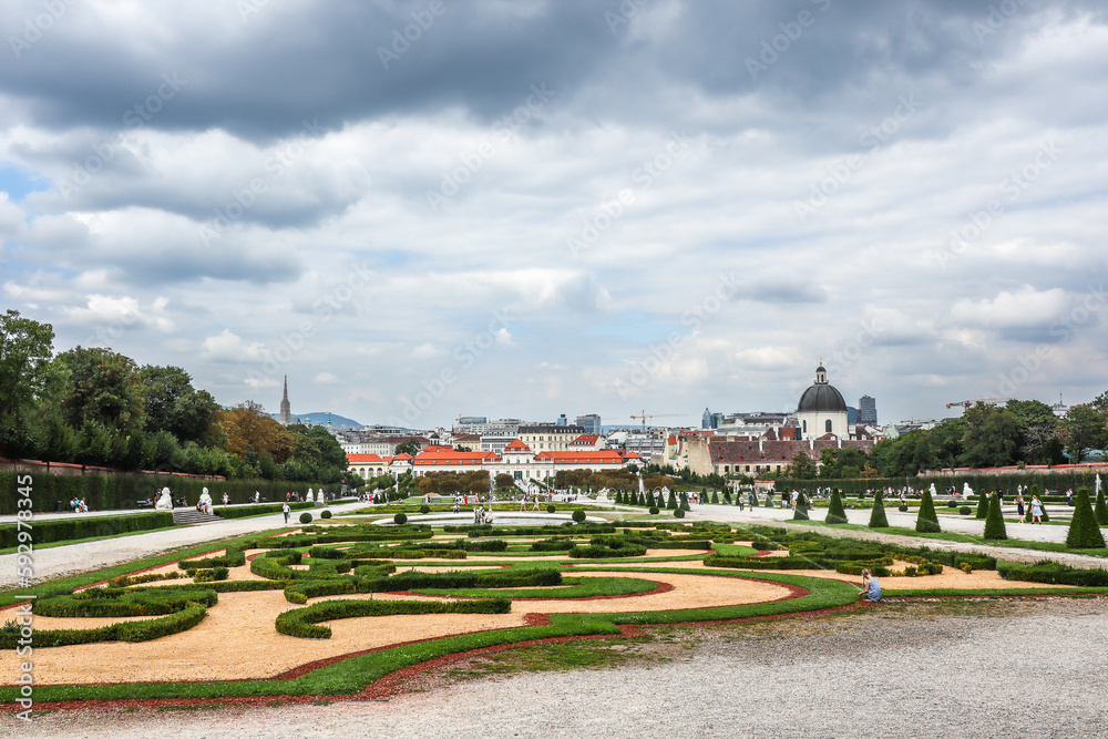 Fototapeta premium Garden Belvedere in Vienna with Cloudy Sky. European Tourist Destination during Overcast Clouds. Capital City of Austria.