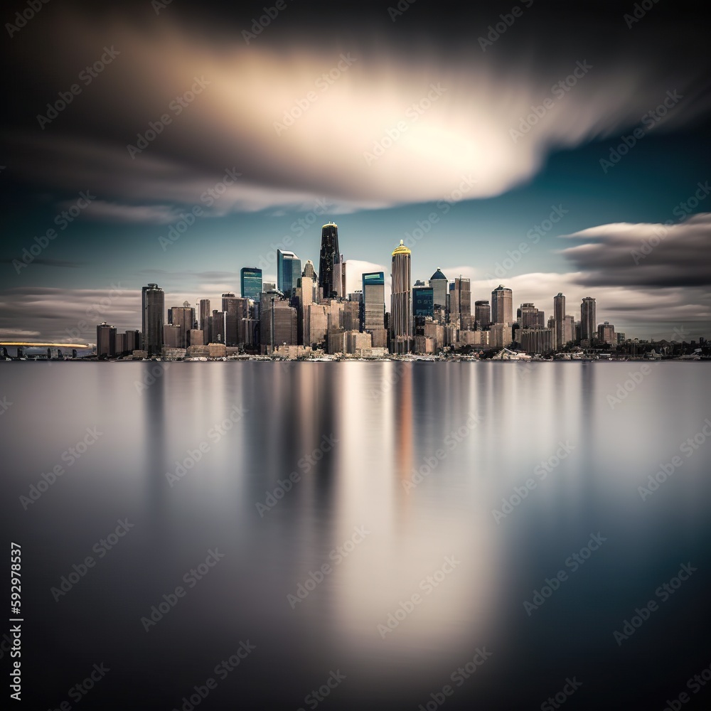Cityscape, city skyline from across river or sea, AI generative imaginary cityscape