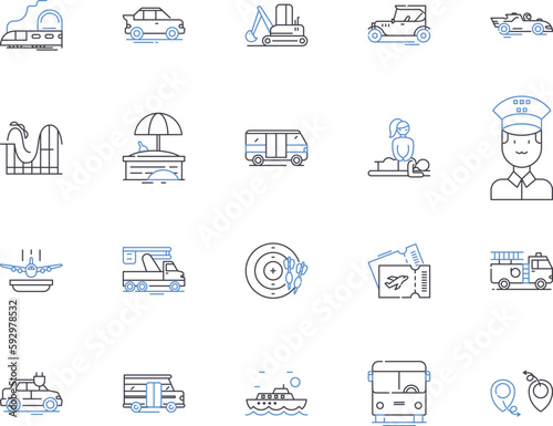 Transport and tour outline icons collection. Transport, Tour, Travel, Bus, Taxi, Car, Rail vector and illustration concept set. Flight,Airline,Cruise linear signs