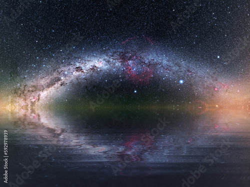 The Milky Way and a night sky full of stars reflected in calm waters