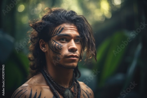 South American tribes people with many tattoos on their bodies from the South American jungle. Generative AI  © ChaoticMind