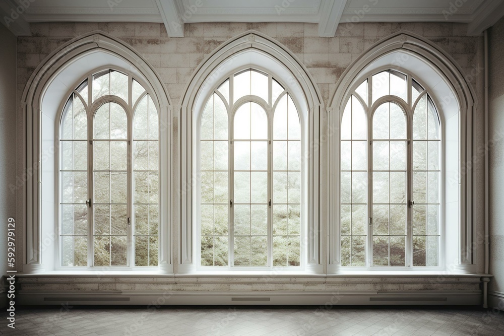 mockup image. 3 three empty white double arched windows. vintage arched windows in a wall. window frame. concept of antique vintage architecture in building elements. mock up. Generative AI