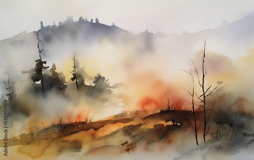 Obraz premium Misty morning in the forest. Watercolor illustration. Generative AI technology.