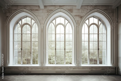 mockup image. 3 three empty white double arched windows. vintage arched windows in a wall. window frame. concept of antique vintage architecture in building elements. mock up. Generative AI