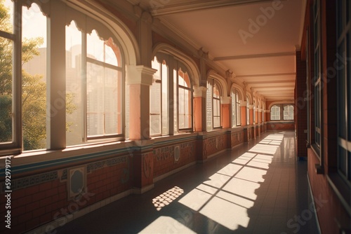 High school corridor balcony in the daytime, Anime background, 2D illustration. Generative AI