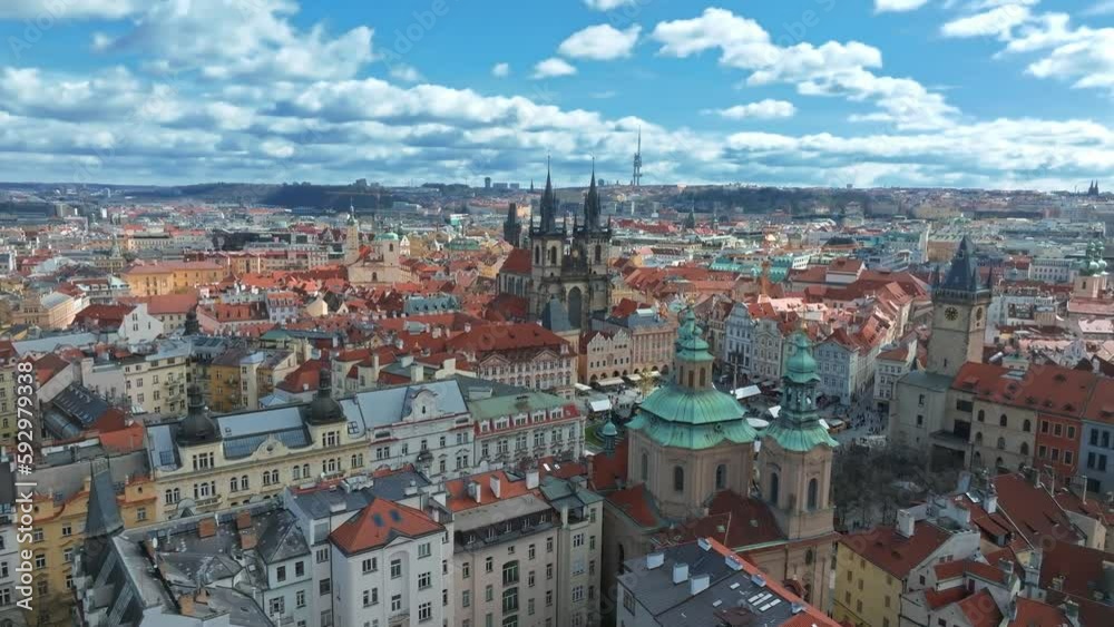 Panoramic aerial view of old Town square in Prague on a beautiful summer day, Czech Republic. Church of our Lady before Tyn and Prague Astronomical Clock Tower Panoramic aerial view of old Town square in Prague on a beautiful summer day, Czech Republic. Church of our Lady before Tyn and Prague Astronomical Clock Tower