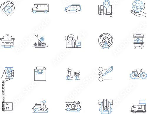 Warehouse management outline icons collection. Warehousing, Inventory, Logistics, Dispatch, Automation, Ergonomics, Processes vector and illustration concept set. Fleet, Delivery, Compliance linear