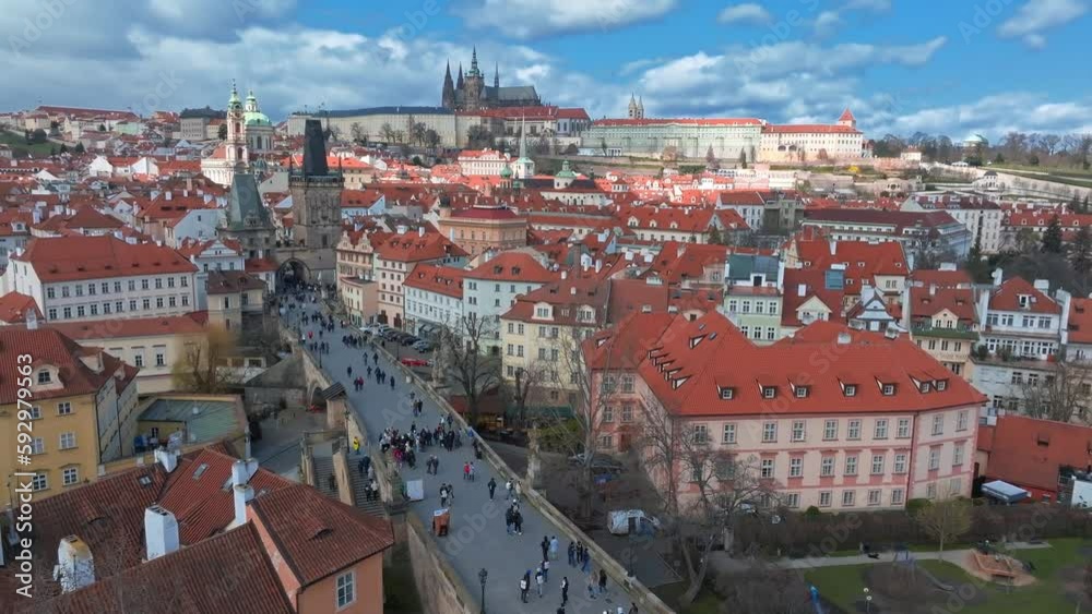 Scenic spring panoramic aerial view of the Old Town pier architecture and Charles Bridge over Vltava river in Prague, Czech Republic Scenic spring panoramic aerial view of the Old Town pier architecture and Charles Bridge over Vltava river in Prague, Czech Republic