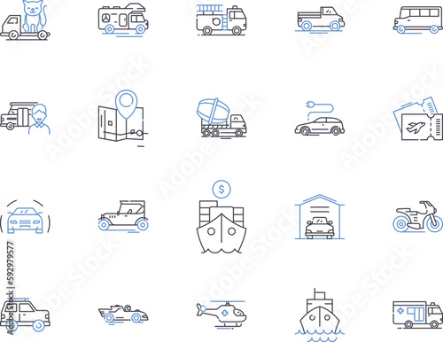 Transport and travel outline icons collection. Logistics, Planes, Boats, Trains, Roads, Ridesharing, Buses vector and illustration concept set. Autos, Taxis, Cabs linear signs