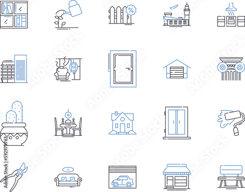 interior design studio outline icons collection. Interior, Design, Studio, Residential, Commercial, Bedrooms, Kitchens vector and illustration concept set. Living, Spaces, Consulting linear signs