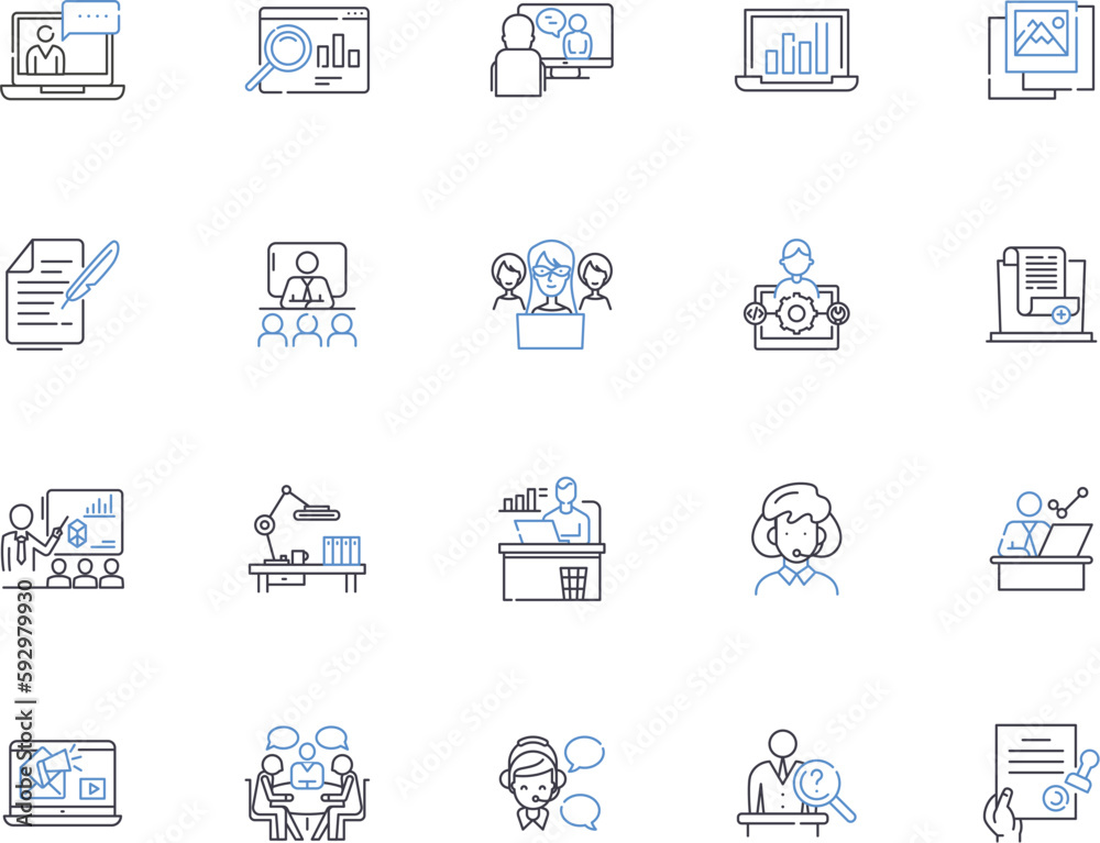 Workplace outline icons collection. Job, Office, Building, Desk, Employee, Team, Environment vector and illustration concept set. Supervisor, Floor, Meeting linear signs