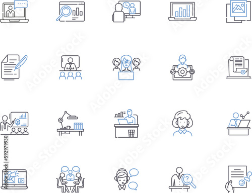 Workplace outline icons collection. Job, Office, Building, Desk, Employee, Team, Environment vector and illustration concept set. Supervisor, Floor, Meeting linear signs