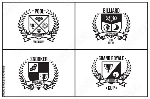 Pool billiard snooker room tournament cup crests monochrome black set vector illustration