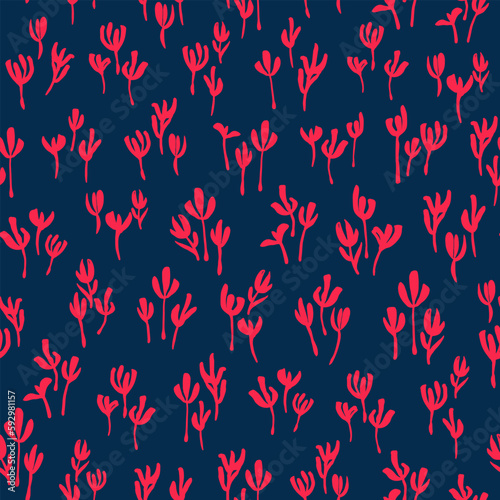 Abstract leaves seamless repeat pattern. Multicolored  vector botanical elements all over surface print on dark blue background.