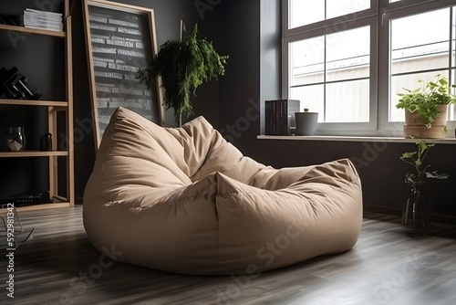 ..Inviting beanbag chair cozily completes modern living room. photo