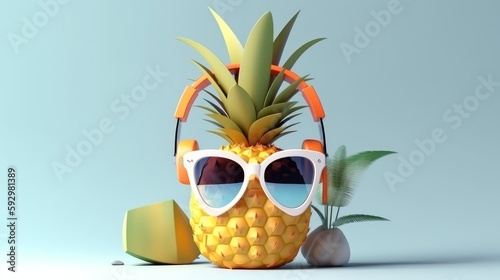 Generative ai of sun summer pineapple character wearing sunglasses