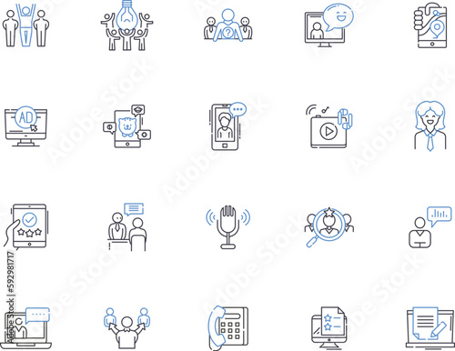 Community outline icons collection. Commune, Society, Gathering, Congregation, Group, Network, Collective vector and illustration concept set. Brotherhood, Alliance, Unity linear signs